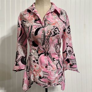 Cathy Che Pink Paisley Button Down Shirt 8 Asym Hem Y2K Art Teacher Funky Retro
